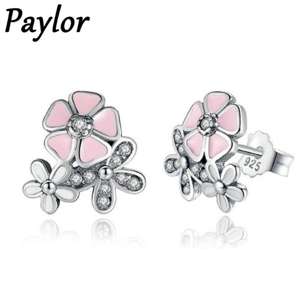 

stud paylor exquisite silver color earrings for women pink enamel daisy cherry blossom earring fashion jewelry gift drop, Golden;silver