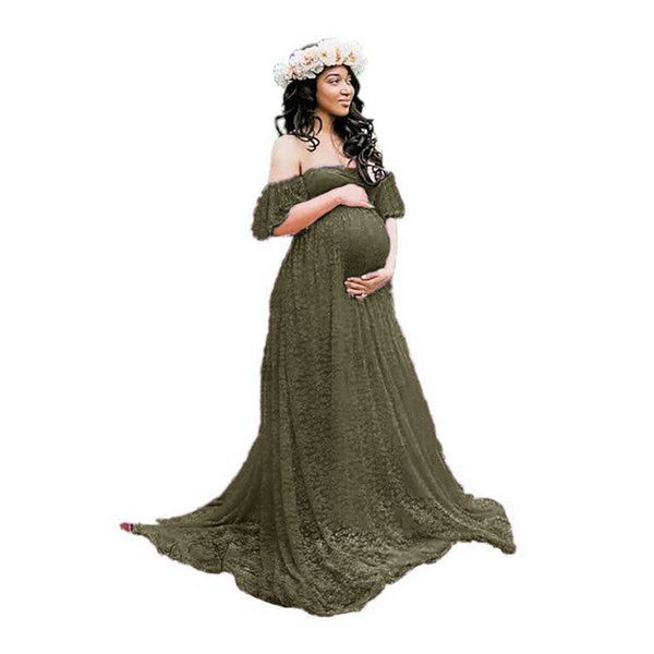 

women's maternity dresses lace pregnant women trailing short sleeve one-piece long pgraphy flying ruffle sleeve dress, White