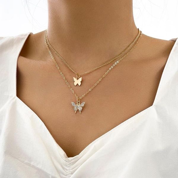 

chains bilayer butterfly chain necklaces for women girl crystal insect pure gold color choker shiny necklace gothic jewelry wedding, Silver