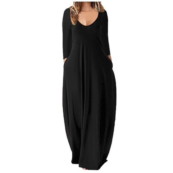 

casual dresses summer beach dress women's loose solid color long deep v neck sleeve bohemia vestidos, Black;gray