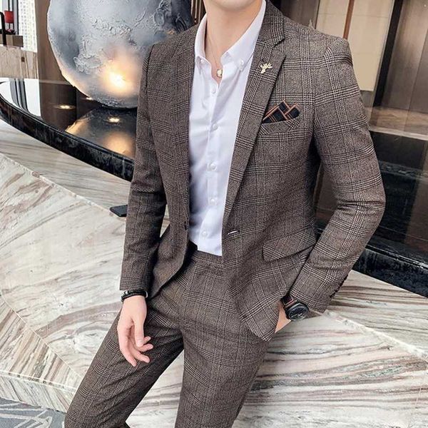 Ternos masculinos 3 peças Brown Single Button Suits Manta Tweed Slim Fit Fit Formal Negócios Ternos para Casamento Smoking Terno Blazer Calças X0909