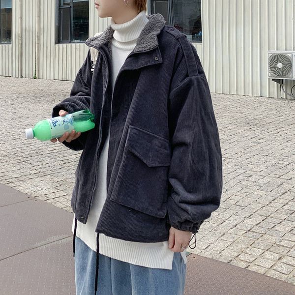

New 2021 Men's Solid Color Coats Winter Thickened Corduroy Coat Lamb Wool Warm Parkas Korean Streetwear Clothing NT62, Black