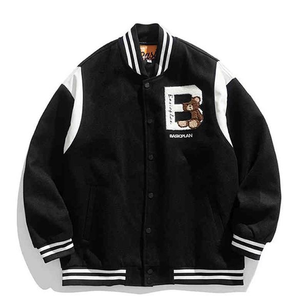 

men's jackets jaqueta de beisebol harajuku, masculina, urso, toalha, bordado, letras, patchwork, variado, feminina, casaco casual grans, Black;brown