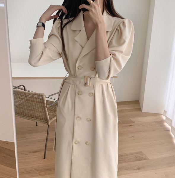 

2021 new winter autumn women elegant ol work wear suit collar solid sleeve double breasted es with belt b1fx, Black;gray