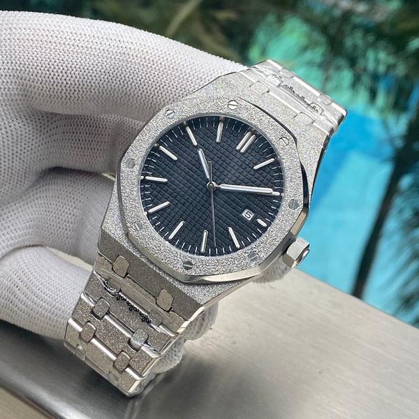 

wristwatches 42mm shiny steel case men's automatic mechanical watch, sapphire glass black dial date waterproof watch, Slivery;brown