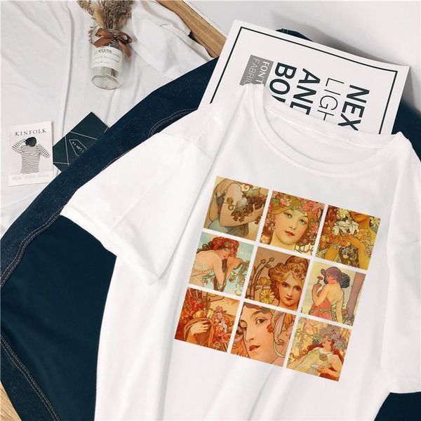 

alphonse mucha vintage art oil painting flower women tee new summer casual harajuku fashion short sleeve women t shirt, White