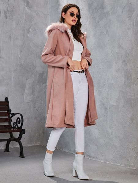 

fuzzy trim hooded longline overcoat g5os#, Black