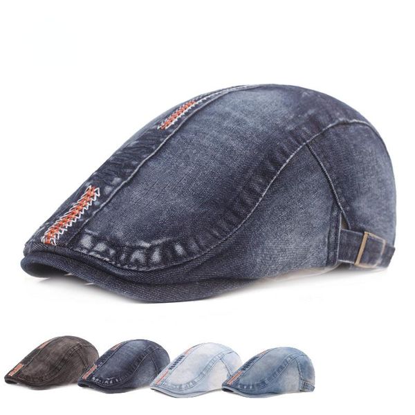 

berets denim beret literary youth caps men and women hats forward sun, Blue;gray
