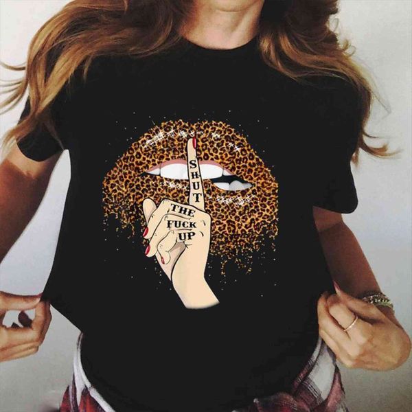 

lips leopard graphic lip womens base o neck black tees kiss funny girls, White