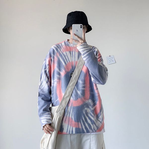 

2021 new korean tie-dye men's warmth and fashion retro casual knitted pullover men streetwear loose sweater mens clothes -3xl tgsv, White;black