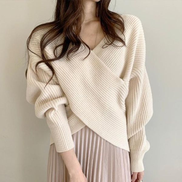 

women's sweaters ladies knitted sweater v-neck batwing sleeve korean fashion temperament solid cross pullover 2021 autumn winter top, White;black
