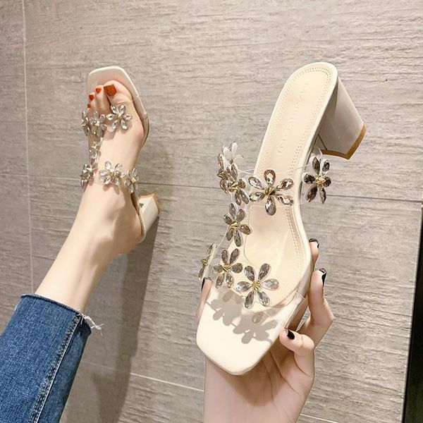 

dress shoes 2021 sandals women's summer mid-heel thick heel transparent rhinestone word belt ladies high heels beach, Black