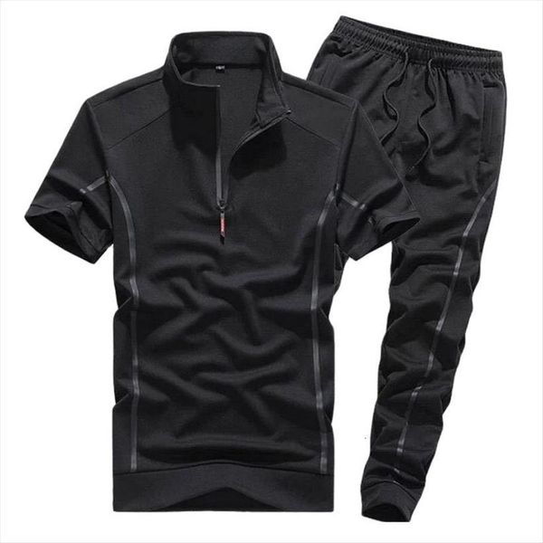 

short sleeved suit summer men tracksuits thin oversize standing collar sportswear two piece casual business t shirt spirit boy trend, Gray