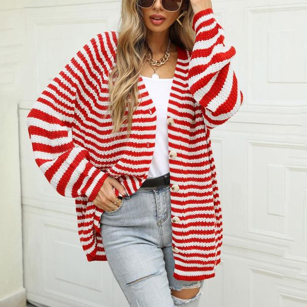 

women's knits & tees autumn and winter stripes print coat fashion loose urban casual buttons sweater single-breasted cardigan blusa muj, White