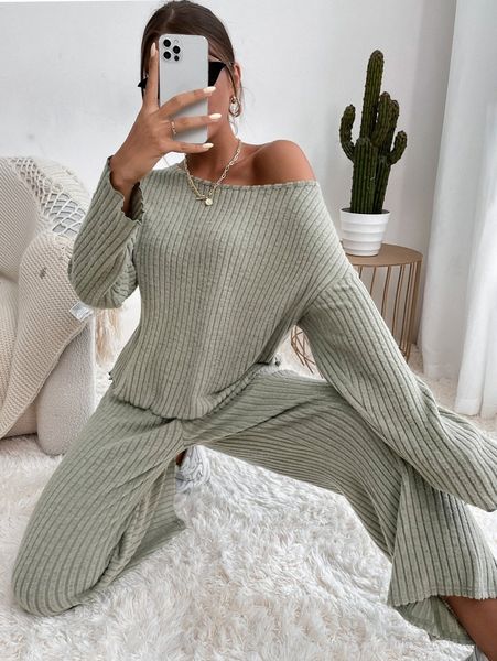 

rib knit solid tee & pants w0iv#, White