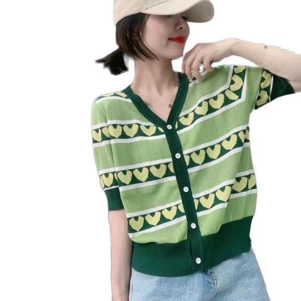 

women's knits & tees green peach heart ice silk cardigan 2021 summer thin fashion v-neck loose contrast jacquard knit short sleeve t-sh, White