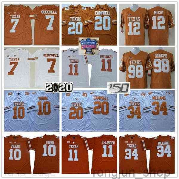 

ncaa 150th texas longhorns 11 sam ehlinger 7 shane buechele 10 vince young 20 earl campbell 34 ricky williams stitched orange white jersey, Black;red