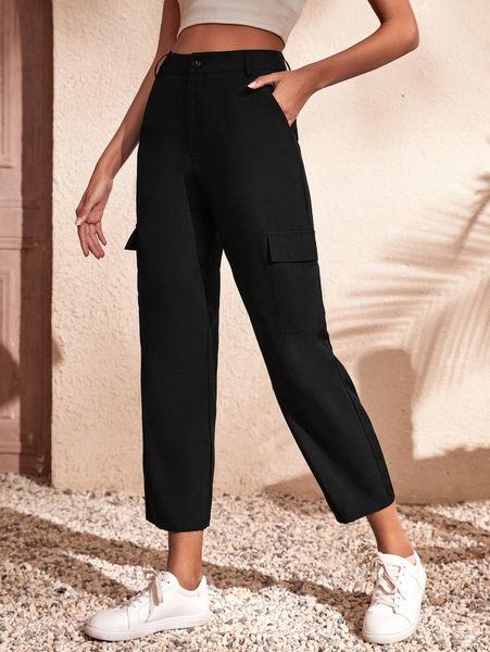 

high waist flap pocket side pants g6gh#, Black;white