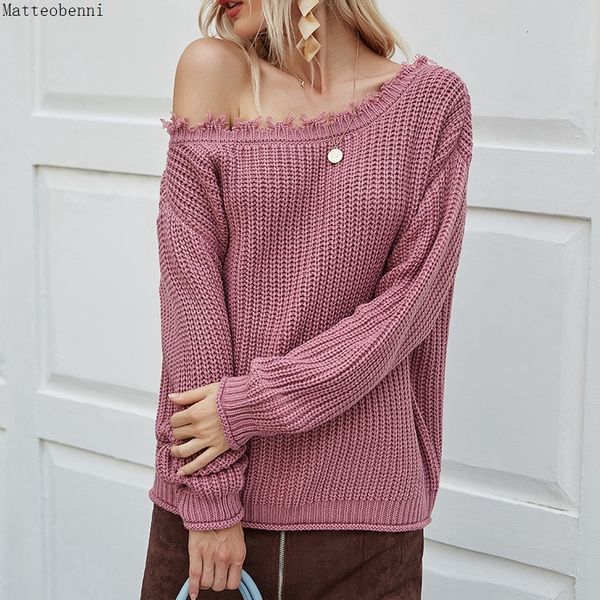 

2021 new off shoulder knitted sweaters autumn winter women casual knitwear fashion long sleeve pullover loose jumper streetwear i56k, White;black