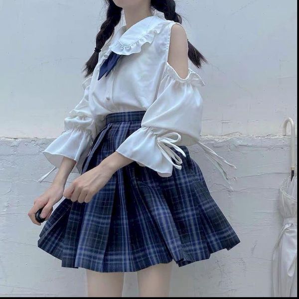 

two piece set women off shoulder shirt and high waist pleated skirt womens outfits plaid skirts preppy kawaii matching sets, Gray