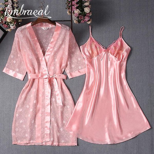 

women's sleepwear 2 pcs bathrobe women summer robe female kimono silk lace dressing gown robes set homewear, Black;red
