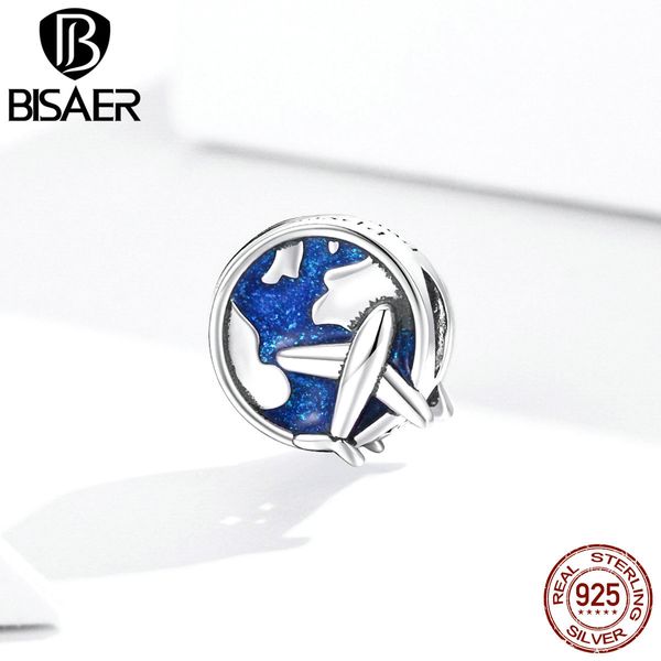 Bisaer Beads 925 Avião de prata esterlina para viajar azul esmalte redondo encantos apto pulseira colar pingente jóias gxc1568 q0531