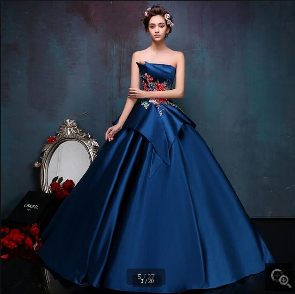 

2021 real p navy blue satin ball gown prom dress lace appliques strapless sweetheart vintage prom gowns modest party dresses sale, Black