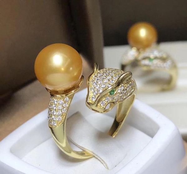 

cluster rings d510 pearl ring fine jewelry 925 sterling silver round 11-12mm nature fresh water golden pearls for women presents, Golden;silver