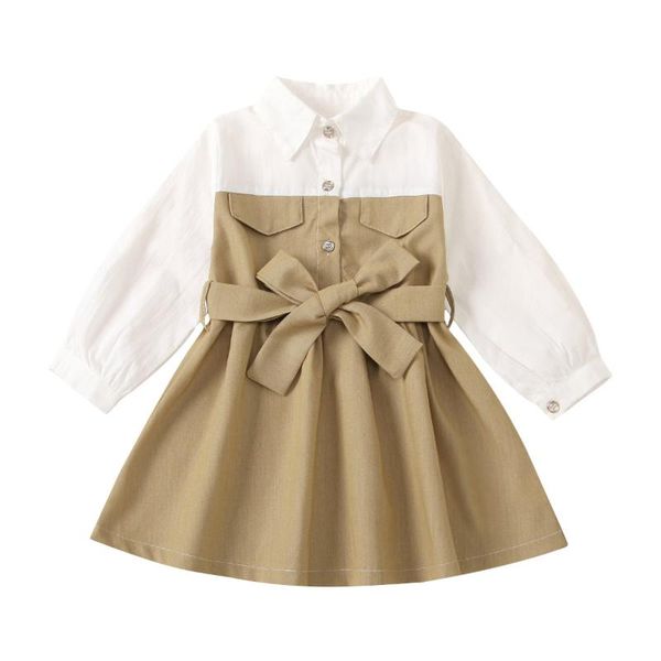

girl's dresses 2021 2-7y toddler girls stitching color one-piece dress lapel long sleeve bow lace-up button shirt casual daily life, Red;yellow