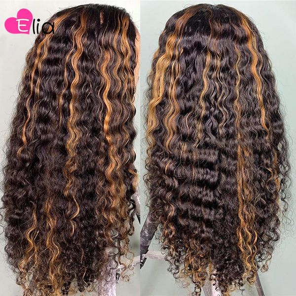 

lace wigs elia highlights kinky curly human hair wig frontal remy brazilian 180 density pre plucked for black women, Black;brown