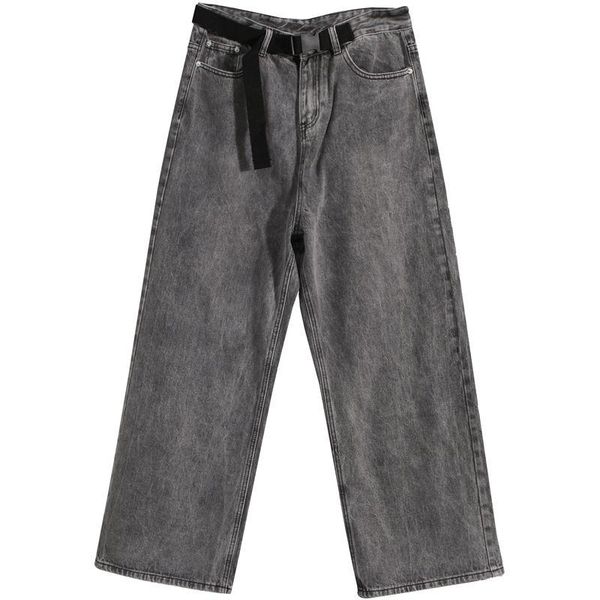 

men's jeans washed vintage grey loose straight wide leg pants belt casual, Blue