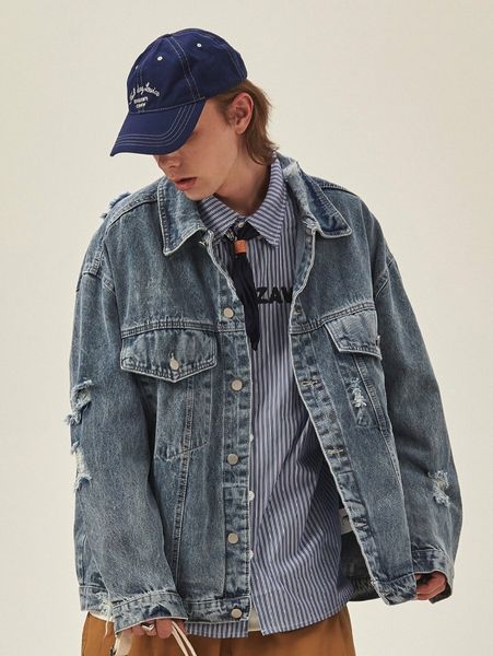 

extended sizes men ripped flap pocket denim jacket c98w#, Blue