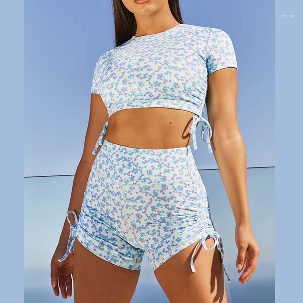 

yoga outfit drawstring floral print short sleeve workout sportswear shorts high waist sports fitness set 2 piece suits
