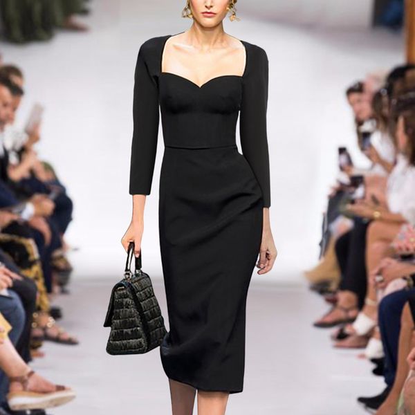 

runway 2021 spring autumn new women's fashion vintage elegant chic black long sleeve party midi dress bui7, Black;gray