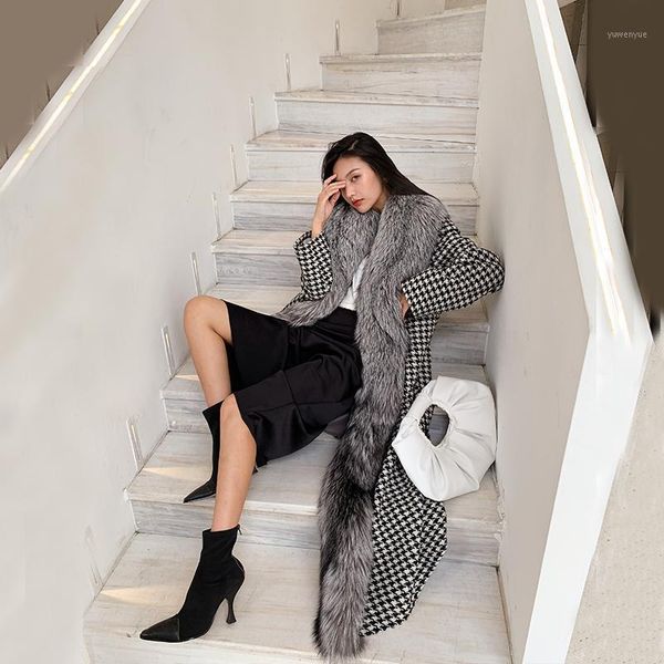 

women's fur & faux high fashion 2021 vintage women'sr real woolen overcoats with natural collar cuffs dt030, Black