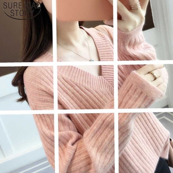 

casual elegant women knitted sweater long sleeve clothing fashion v-neck soft blouse 5458 50 210527, White;black