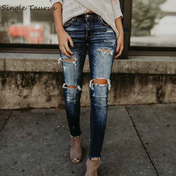 Весенняя мода отбеленные разорванные джинсы женские хлопчатобумажные джинсовые тонкие эластичности точечные брюки усы Эффект усы старинные джинсы Femme T200521