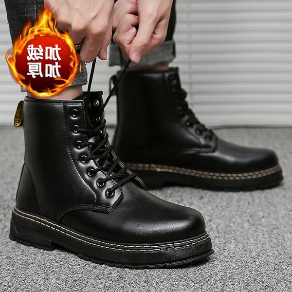 

2021 winter new men's warm martin boots youth high thickened cotton british leather trend, Black