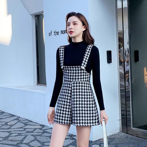 

women's jumpsuits & rompers autumn and winter short houndstooth jumpsuit retro strapless plaid shorts female japanese mori girl style, Black;white
