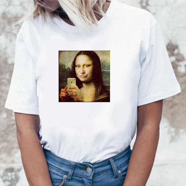 

funny mona lisa aesthetic harajuku women t shirts graphic girl ullzang retro 90s fashion top, White