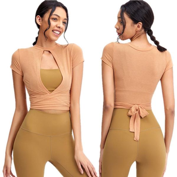 

yoga outfit summer short sleeve shirts fitness gym t-shirt sports female hollow out bandage quick dry running 2 ways to wear top