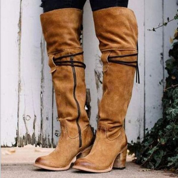 

boots bonjomarisa classic female platform chunky heels mid calf cowboy for women zipper lace up vintage walking riding, Black