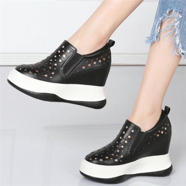 

summer casual shoes women genuine leather wedges high heel pumps shoes female round toe fashion sneakers breathable trainers, Black