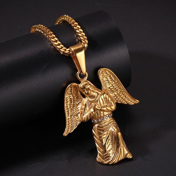 

pendant necklaces hip hop gold color stainless steel angel wing virgin mary pendants necklace for men women jewelry, Silver
