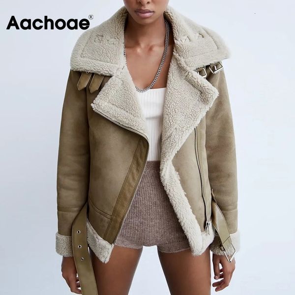 

aachoae women fashion faux leather and lamb fur jacket coat zipper long sleeve thick warm coats with belt winter outerwear 201013, Black;brown
