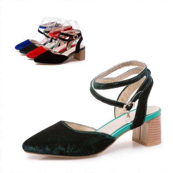 

hollow sandals women pointed thick buckle high-heeled season heel shoes size, Black