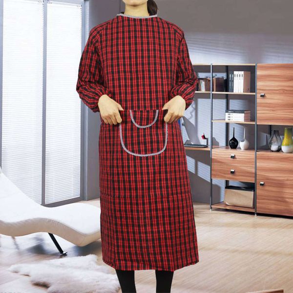 

long sleeve cotton apron plaid smock hem apron can be printed directly