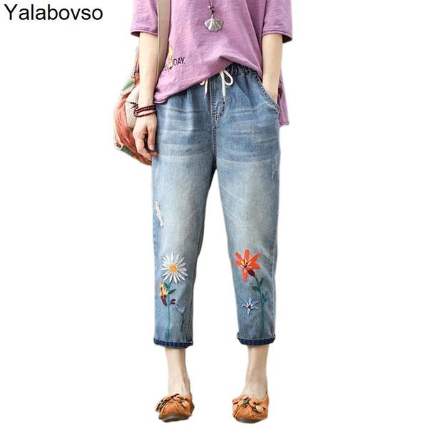 

women's jeans women casual floral embroidery denim trousers female 2021 fashion summer ladies elastic waist oversized harem pants, Blue