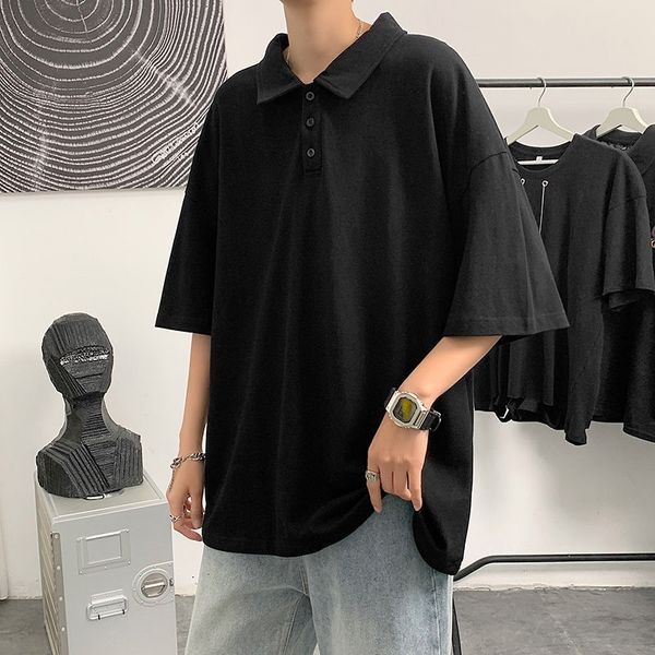 

men's t-shirts summer short-sleeved t-shirt fashion solid color casual t shirt men streetwear korean loose lapel tshirt mens cloth, White;black