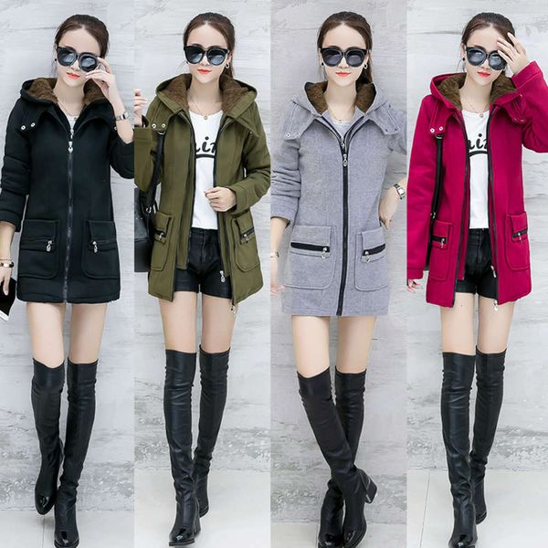 

autumn and winter plush thickened sweater medium long cardigan wool non inverted liner leisure large size jacket women, Black;brown